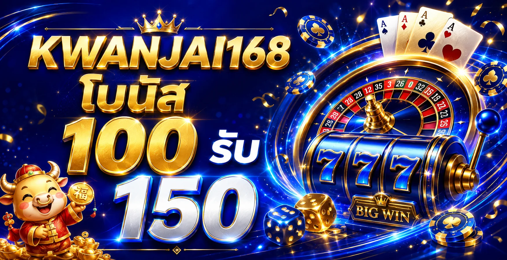 โบนัสสมาชิกใหม่ ขวัญใจ168 100 รับ 150 พร้อมภาพวงล้อรูเล็ตและ 777